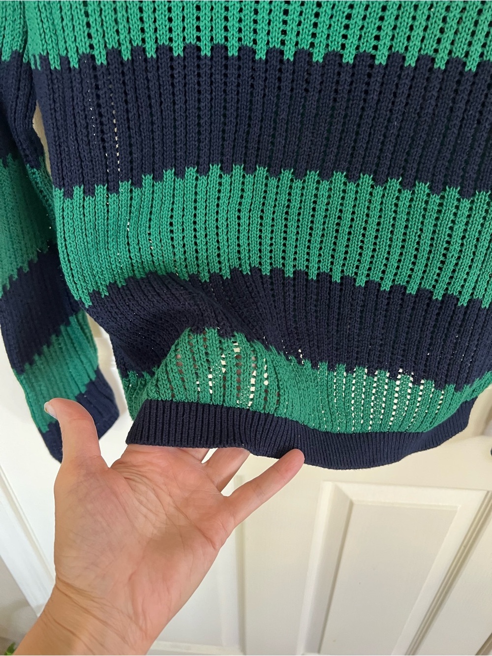 LOFT Green & Navy Striped Open Knit Cotton Sweater Size Medium - Picture 9 of 9
